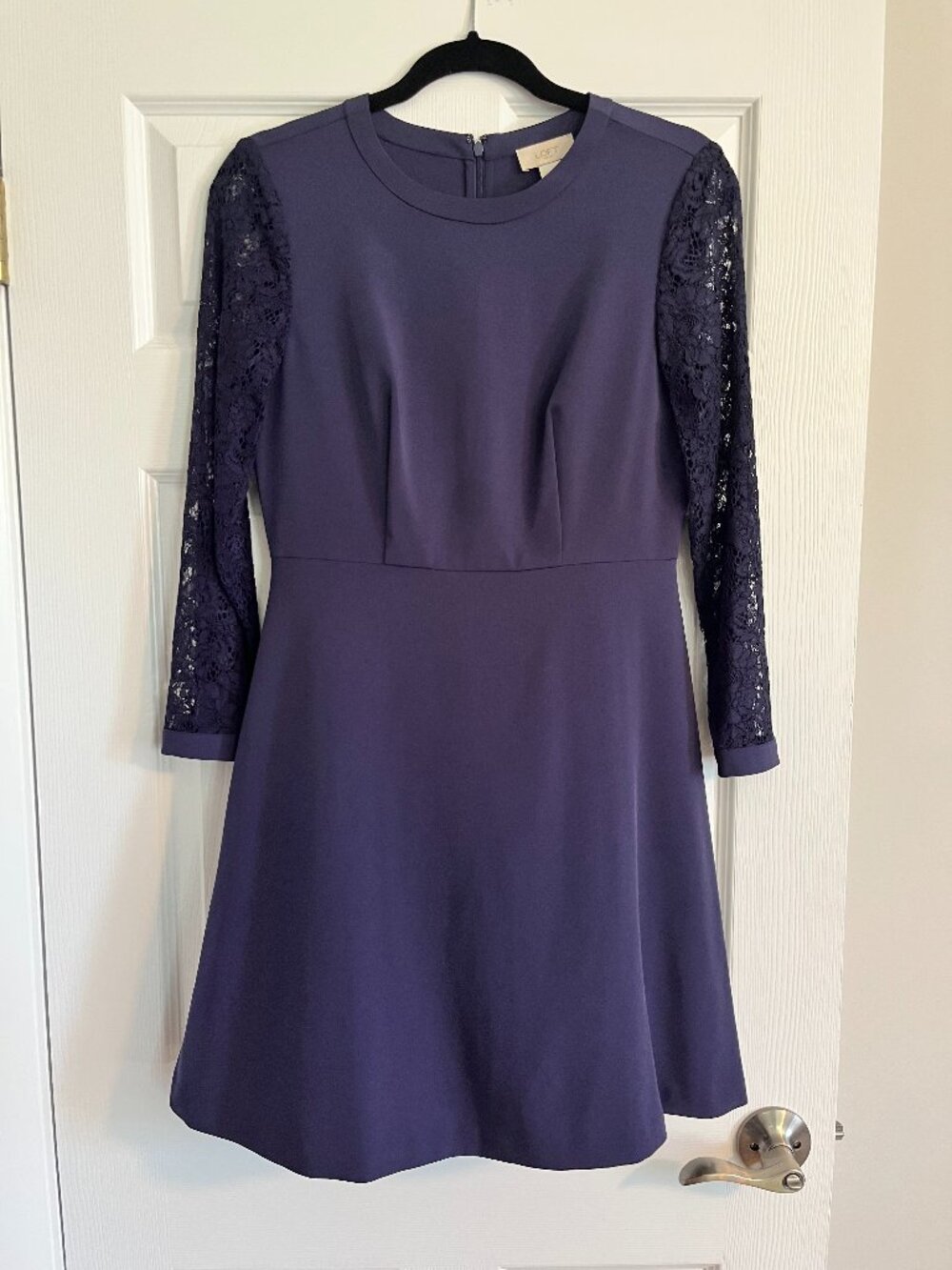 LOFT Navy cocktail dress with lace sleeves, Sz 2